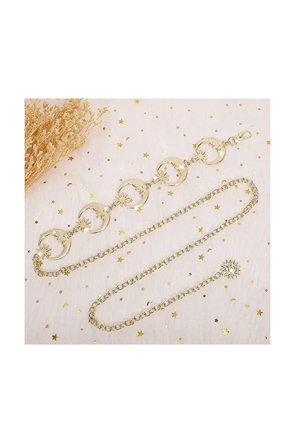 TBSCWYF Ceinture Femme Robe en Métal Or Argent Ceinture forme Cœur Étoile Lune Réglable avec Chaîne Paillettes Fleur de Solei