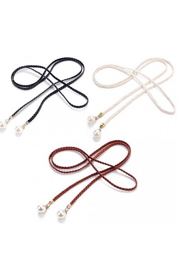 PPX 3 Pièces Ceinture Fine Tressée Corde en Faux Cuir avec Perle Franges Style Ethnique Femme Fille Noir Blanc Gris