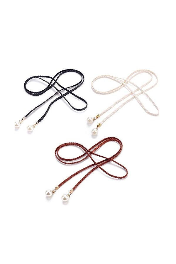 PPX 3 Pièces Ceinture Fine Tressée Corde en Faux Cuir avec Perle Franges Style Ethnique Femme Fille Noir Blanc Gris