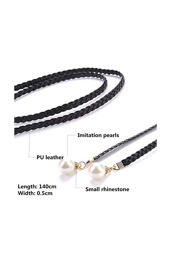 PPX 3 Pièces Ceinture Fine Tressée Corde en Faux Cuir avec Perle Franges Style Ethnique Femme Fille Noir Blanc Gris