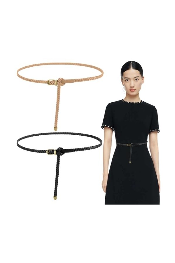 CUHZC 2 Pièces Ceinture Mince pour Femme, Ceinture en Cuir Réglable, Ceinture en Cuir Mince avec Boucle en Métal Doré pour Ro