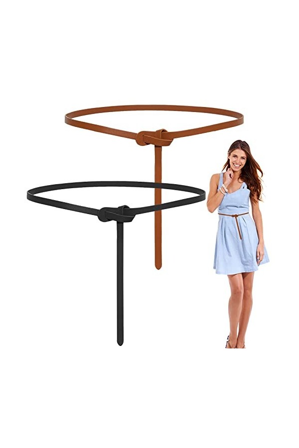WHC Ceinture Sans Boucle, 2 Pièces Réglable Ceinture Femme Cuir, Ceinture Fine Nouée Simple et Élégante, Ceinture pour Femme 
