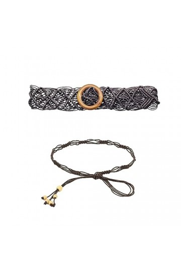 1 ceinture creuse en bois avec 1 ceinture à pompon tressée, ceinture pour femme, style bohème, ceinture en corde cirée, style