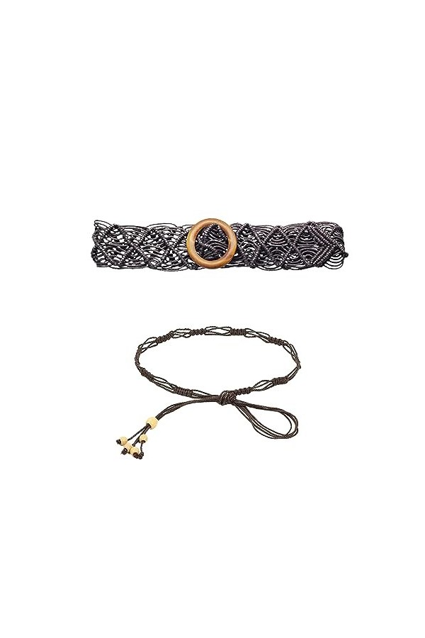 1 ceinture creuse en bois avec 1 ceinture à pompon tressée, ceinture pour femme, style bohème, ceinture en corde cirée, style
