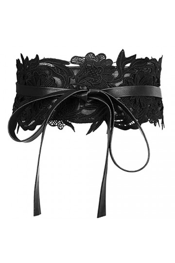 Weenkeey Ceinture large en dentelle pour femme - Nœud papillon autour de la taille - Ceinture Obi en cuir synthétique pour ro