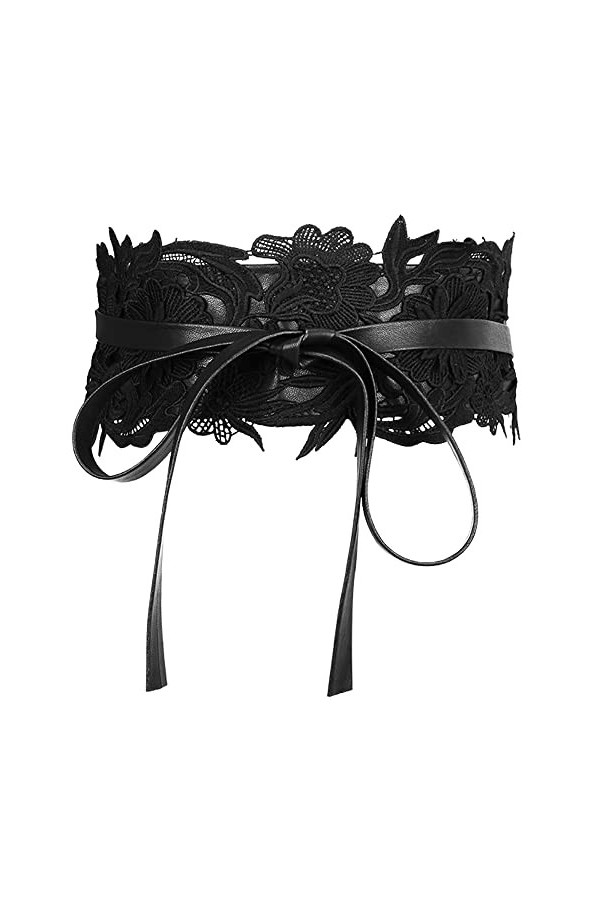 Weenkeey Ceinture large en dentelle pour femme - Nœud papillon autour de la taille - Ceinture Obi en cuir synthétique pour ro