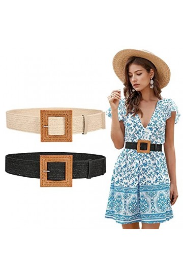 WERFORU Lot de 2 ceintures élastiques tissées en paille pour femme, larges tressées avec boucle de style en bois, A-noir+beig