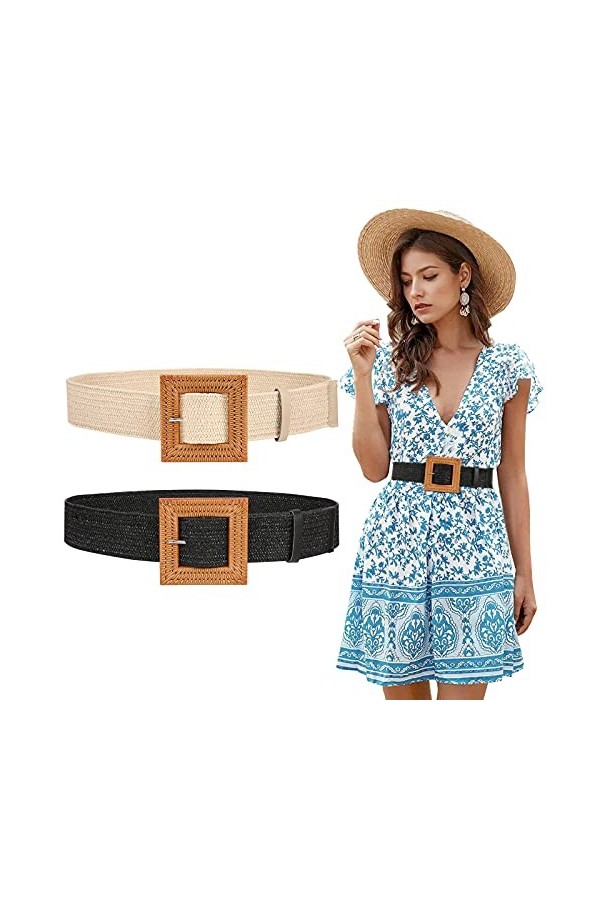 WERFORU Lot de 2 ceintures élastiques tissées en paille pour femme, larges tressées avec boucle de style en bois, A-noir+beig