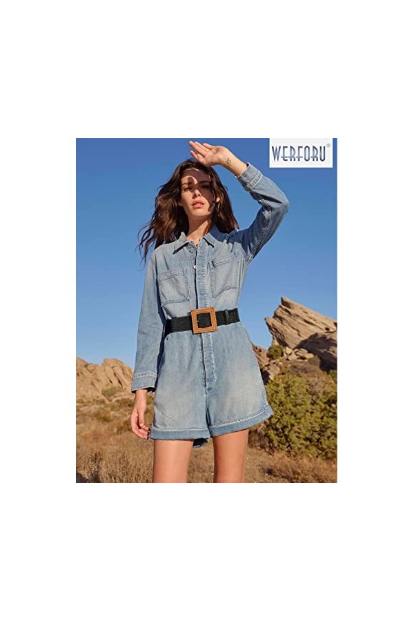 WERFORU Lot de 2 ceintures élastiques tissées en paille pour femme, larges tressées avec boucle de style en bois, A-noir+beig