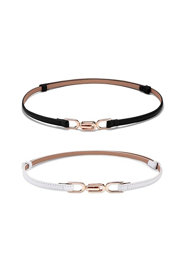 Weenkeey Lot de 2 ceintures fines en cuir avec boucle en métal pour robes, jeans, pantalons - Noir et blanc, noir/blanc, tail