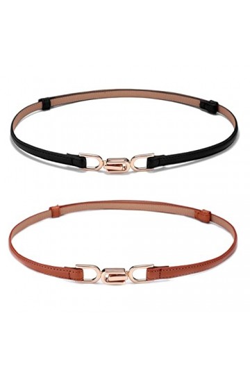 Weenkeey Lot de 2 ceintures fines en cuir pour femme avec boucle en métal pour robes, jeans, pantalons - Noir et marron, noir