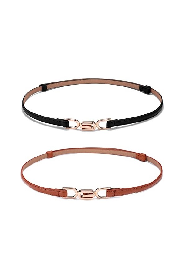 Weenkeey Lot de 2 ceintures fines en cuir pour femme avec boucle en métal pour robes, jeans, pantalons - Noir et marron, noir