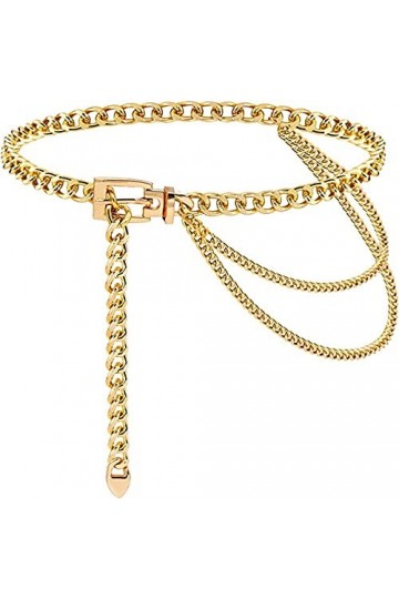 Weenkeey Ceinture à chaîne multicouche réglable en métal pour robes, jeans, pantalons – Doré, doré, taille unique