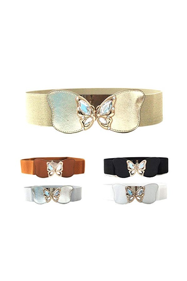 WedDecor pour Femme Extensible Taille Élastique Ceinture, Doré Papillon Boucle avec Diamant Émaillé pour Mode Accessoires, Dé