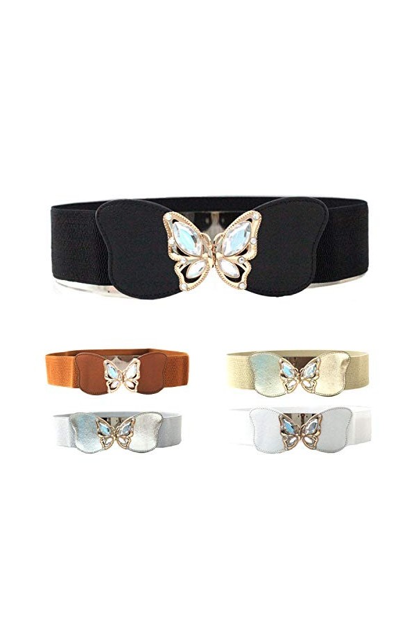 WedDecor pour Femme Extensible Taille Élastique Ceinture, Doré Papillon Boucle avec Diamant Émaillé pour Mode Accessoires, Dé