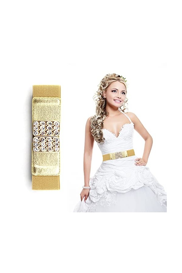 Trimming Shop Noir Large Femmes Élastique Taille Ceinture pour Habillé, Décontracté avec Doré Célèbre Boucles et Ornés Faux D