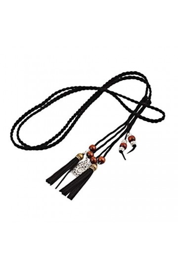 YiyiLai Ceinture Cordon Femme Faux Cuir Minceur Tressée avec Perles Franges Mode Noir