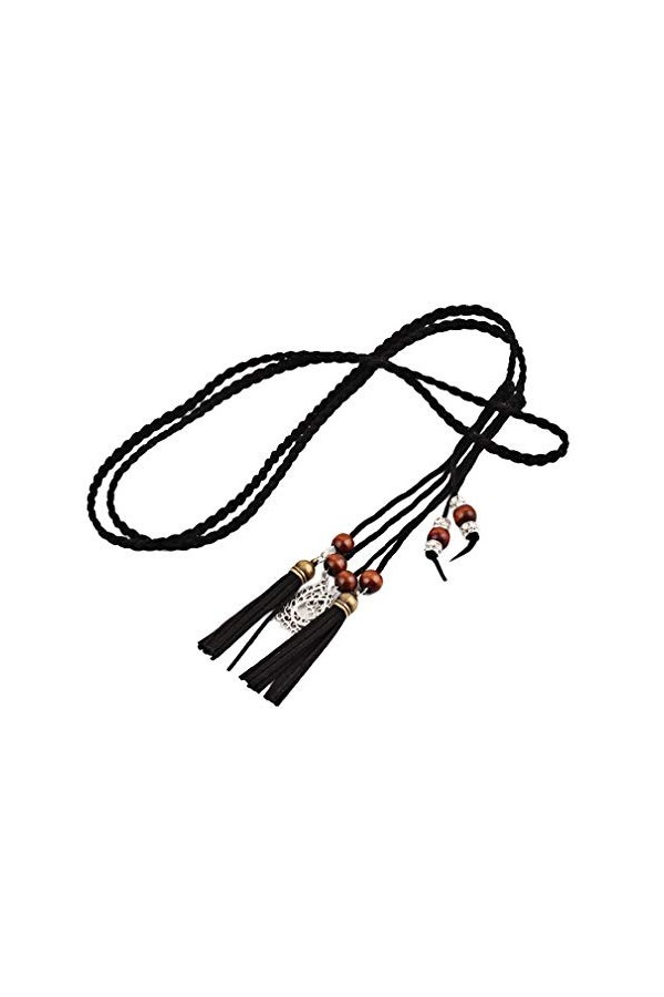 YiyiLai Ceinture Cordon Femme Faux Cuir Minceur Tressée avec Perles Franges Mode Noir