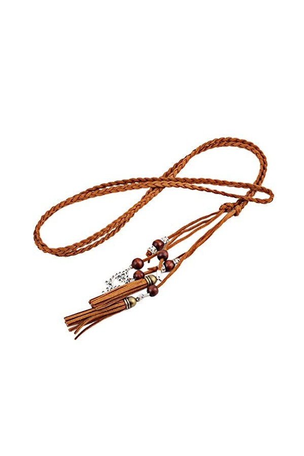 YiyiLai Ceinture Cordon Femme Faux Cuir Minceur Tressée avec Perles Franges Mode Noir