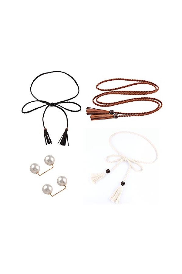 YSDYY 3 ceintures de corps tressées pour femmes, sangles de ceinture à franges perlées en bois, 2 épingles perlées blanches, 