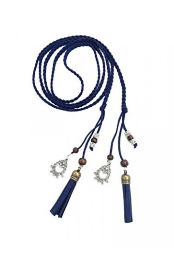 TY belt Ceinture Tricotée Fine en Cuir PU avec Franges et Perles Accessoire Rétro pour Femmes navy 