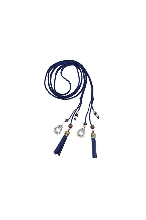 TY belt Ceinture Tricotée Fine en Cuir PU avec Franges et Perles Accessoire Rétro pour Femmes navy 