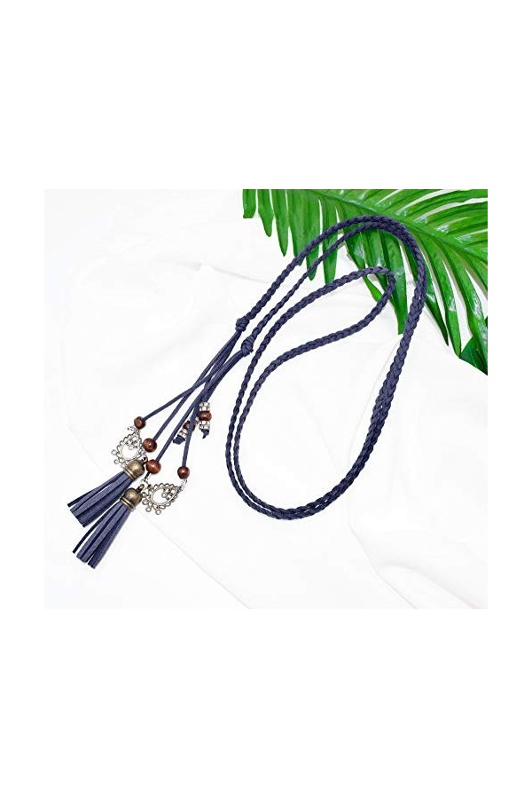 TY belt Ceinture Tricotée Fine en Cuir PU avec Franges et Perles Accessoire Rétro pour Femmes navy 