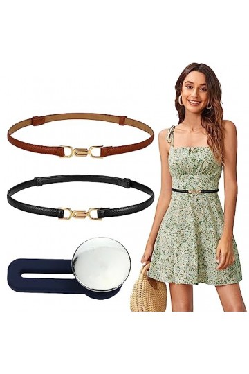 2 Pièces Ceinture Fine Femme Cuir Noir Blanche Marron Belt Ceinture Fin Faux Cuir avec boucle Décoration Ceinture pour Jeans 