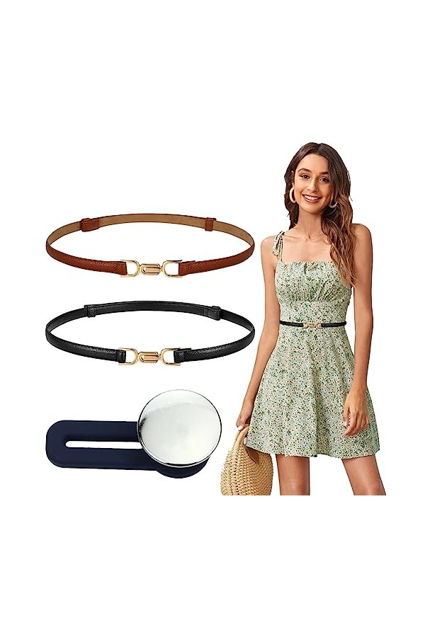 2 Pièces Ceinture Fine Femme Cuir Noir Blanche Marron Belt Ceinture Fin Faux Cuir avec boucle Décoration Ceinture pour Jeans 