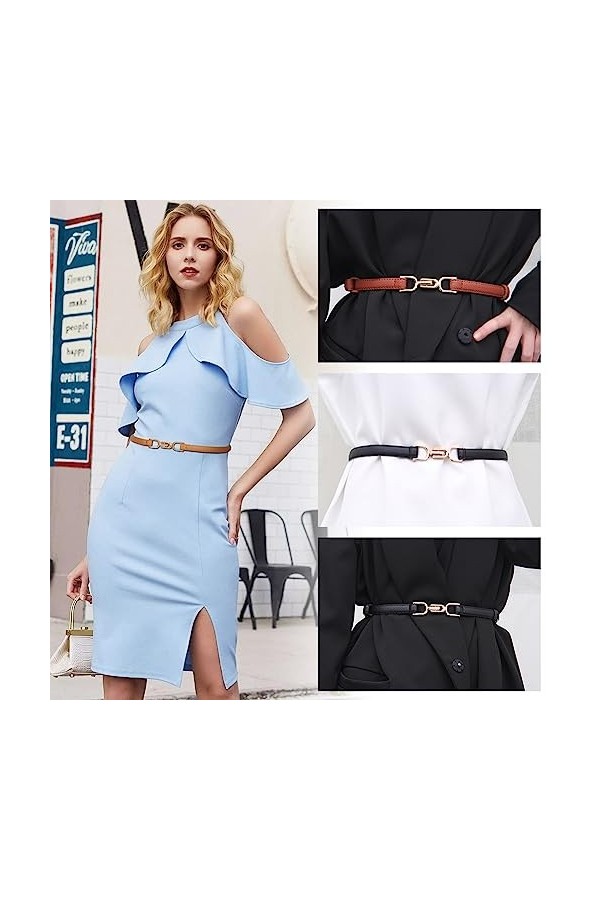 2 Pièces Ceinture Fine Femme Cuir Noir Blanche Marron Belt Ceinture Fin Faux Cuir avec boucle Décoration Ceinture pour Jeans 