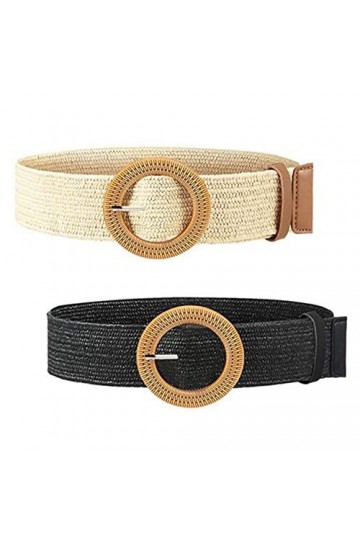 XLKJ 2 Pièces Ceinture en Paille Femme, Ceinture de Taille Élastique Extensible Tissée pour Jeans/Robe