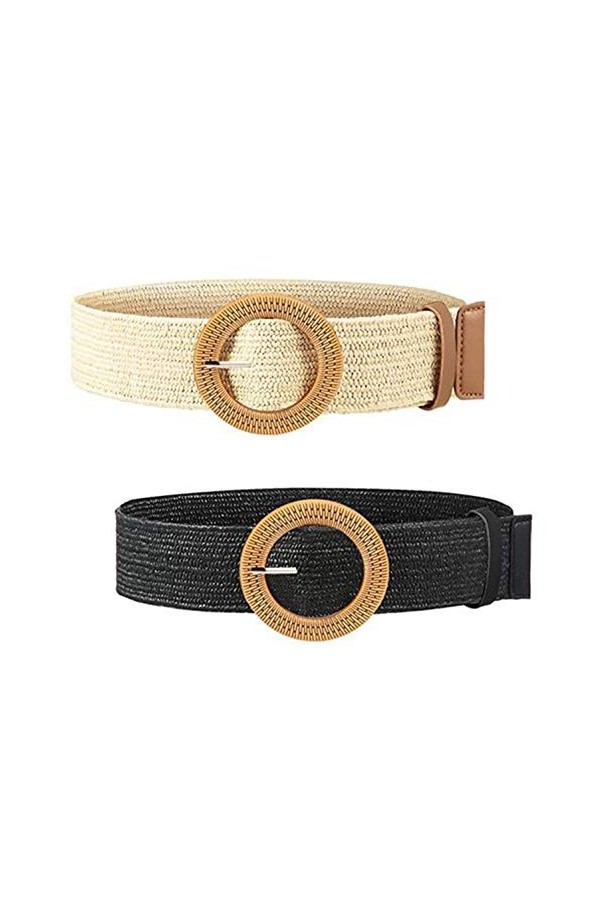 XLKJ 2 Pièces Ceinture en Paille Femme, Ceinture de Taille Élastique Extensible Tissée pour Jeans/Robe