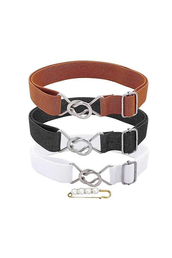 Lot de 3 ceintures avec boucle élastique, 1 broche en perles, ceinture élastique décontractée, ceinture simple, ceinture fine