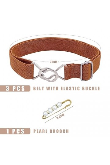 Lot de 3 ceintures avec boucle élastique, 1 broche en perles, ceinture élastique décontractée, ceinture simple, ceinture fine
