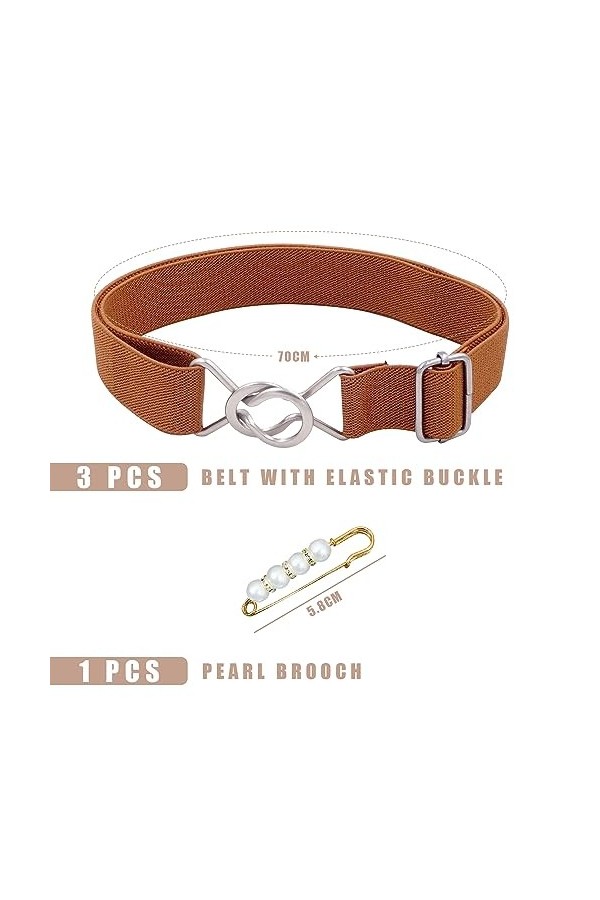 Lot de 3 ceintures avec boucle élastique, 1 broche en perles, ceinture élastique décontractée, ceinture simple, ceinture fine