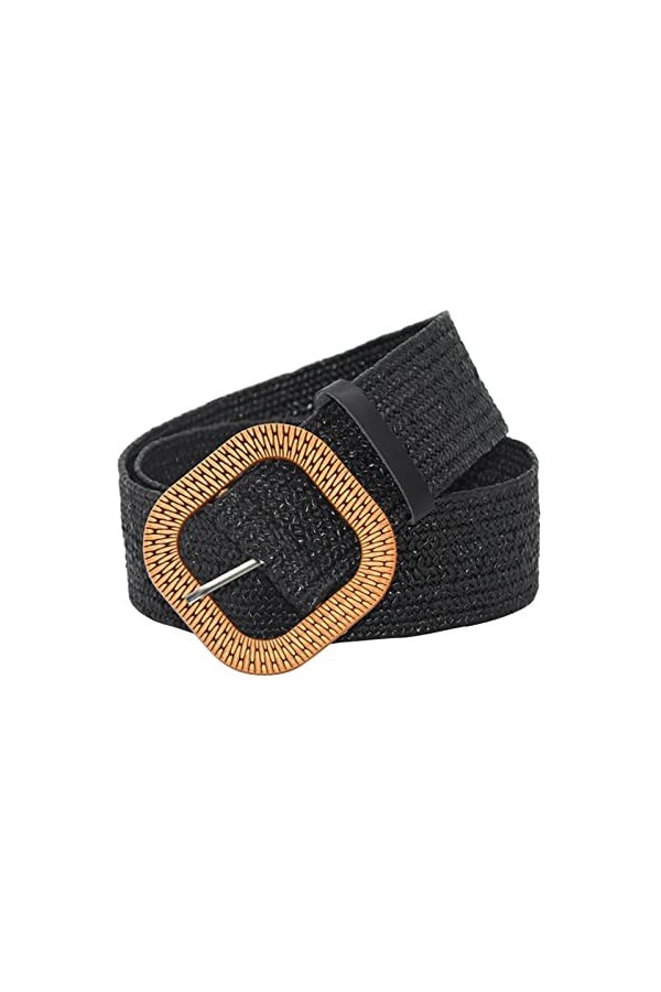 Ceinture en paille tissée élastique large pour femme avec boucle en cuir, beige, taille unique
