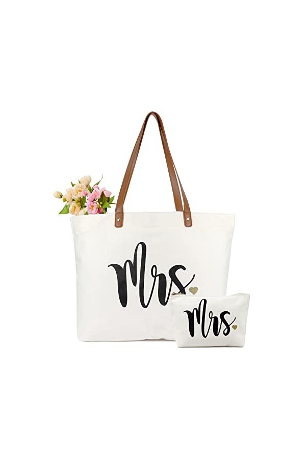 Lamyba Mme Sac Fourre-Tout avec Sac de Maquillage Cadeaux pour Fiançailles Mariage Fête de Mariage Blanc