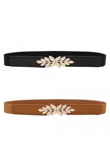 POFET 2PCS Robe Ceinture Ceinture Élastiquée pour Femmes Petite Feuille Paire Boucle Ceinture Mince Noir + Marron 