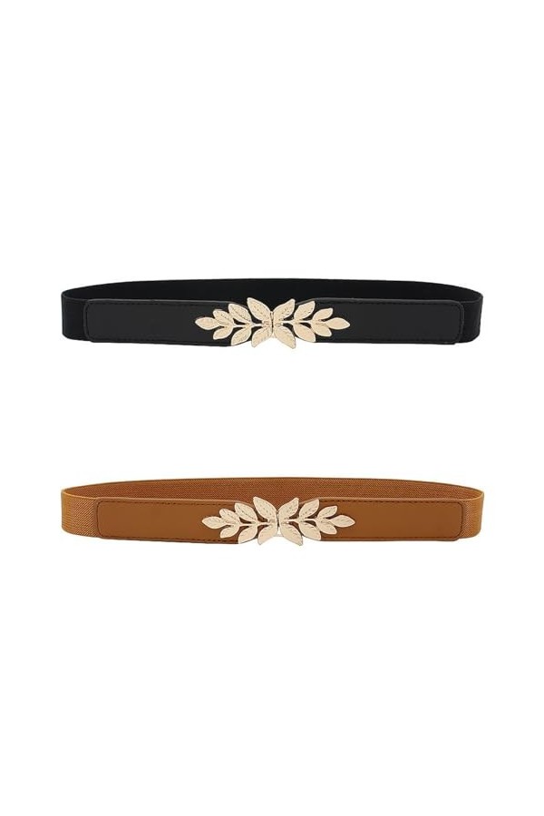 POFET 2PCS Robe Ceinture Ceinture Élastiquée pour Femmes Petite Feuille Paire Boucle Ceinture Mince Noir + Marron 