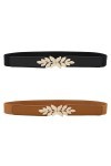 POFET 2PCS Robe Ceinture Ceinture Élastiquée pour Femmes Petite Feuille Paire Boucle Ceinture Mince Noir + Marron 