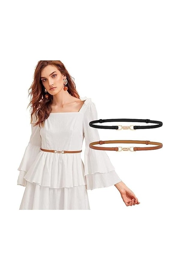 Ceinture fine pour femme - Ceinture fine réglable - En cuir - Avec boucle en métal doré - Pour robe, a, M