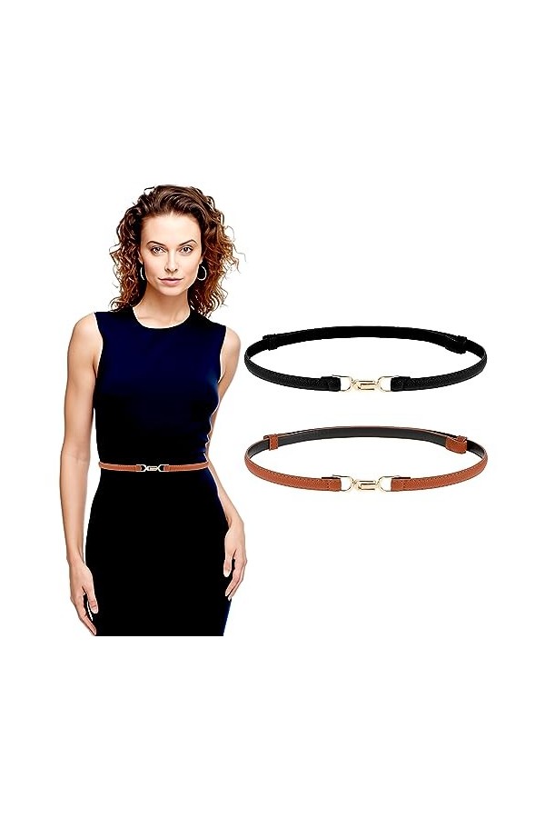 WLLHYF Lot de 2 ceintures fines en cuir pour femme, ceinture fine réglable à la mode, ceinture à boucle pour robes, jeans, pa