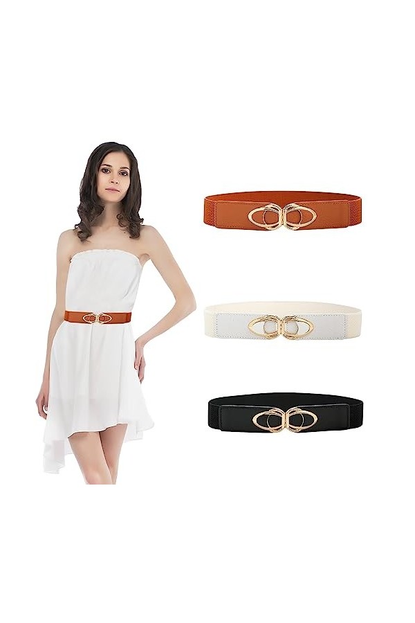 LUFEIS Lot de 3 ceintures élastiques pour femme, Marron, blanc, noir, taille unique