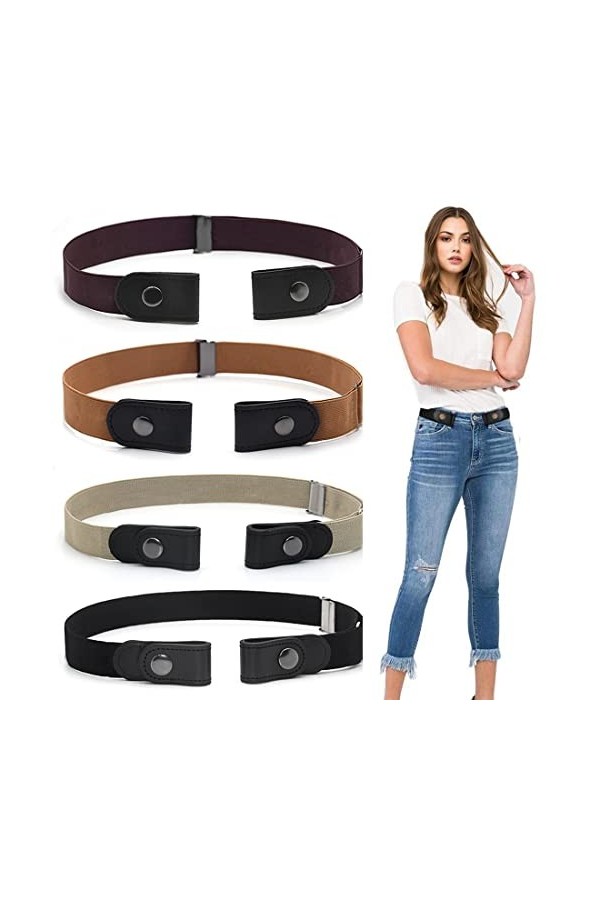 Teegxddy 4 Pièces Ceinture Femme Homme Ceinture sans Boucle Élastique Invisible Ceinture pour Jeans Pantalon Robe Ceinture Un