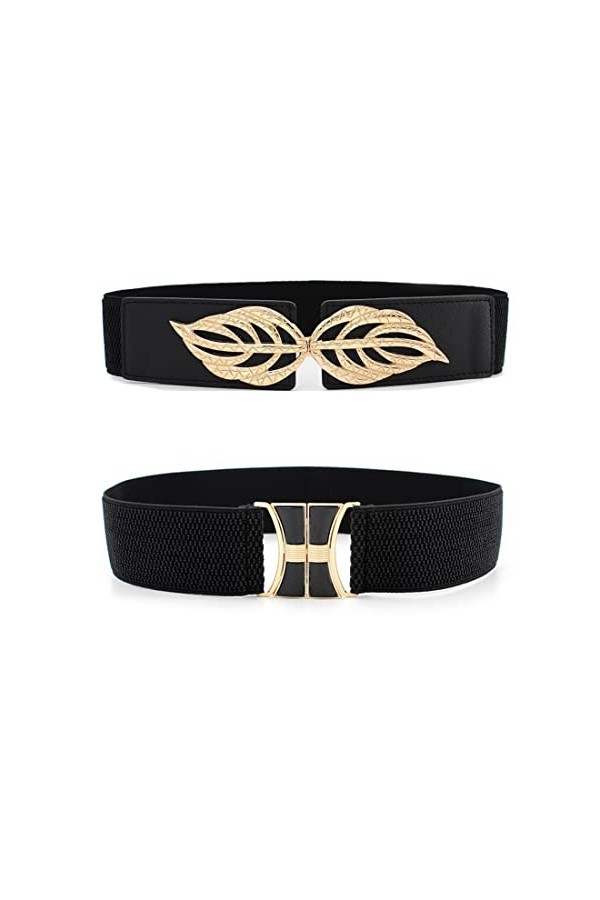 Teegxddy Ceinture élastique Large pour Femmes, 2 Pièces Ceintures de Taille élastiques Noires Vintage pour Femmes, Large Cein