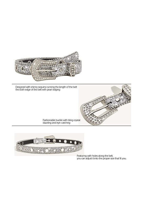 KorhLeoh Ceintures en strass pour femme, ceinture en cuir skinny bling western cowgirl pour jeans, robes, pantalons, Argenté.