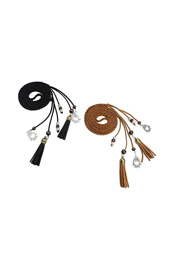 Ceinture Tricotée Fine en Cuir PU avec Franges et Perles Accessoire Rétro pour Femmes noir+tan 