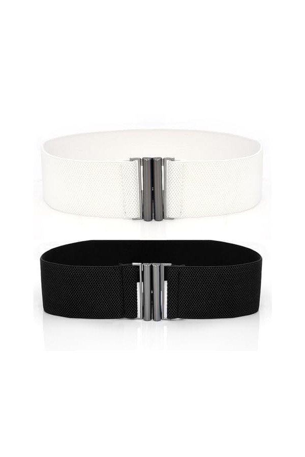 PLABBDPL 2 pièces ceintures élastiques, ceinture large pour femmes, ceinture extensible avec boucle en métal noir et blanc 