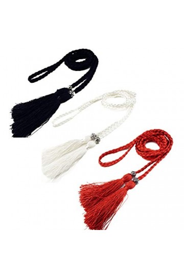 PPX 3 Pièces Ceinture Fine Tressée Perle Frange Style Ethnique,Noir Blanc Rouge