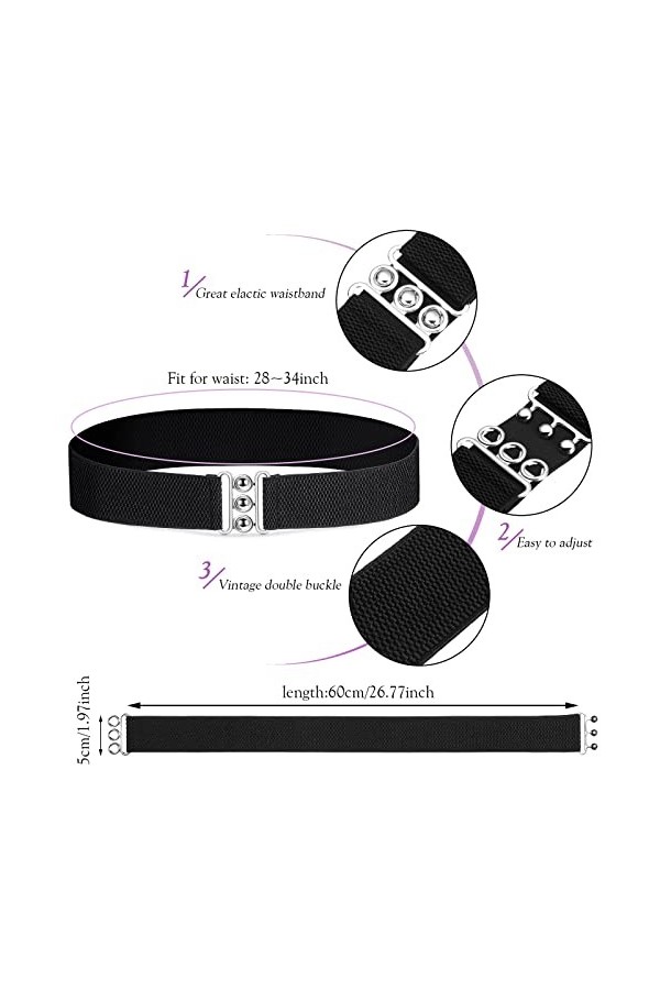 Lot de 2 ceintures élastiques vintage pour femme - Ceinture dinfirmière rétro élastique noire avec boucle de taille